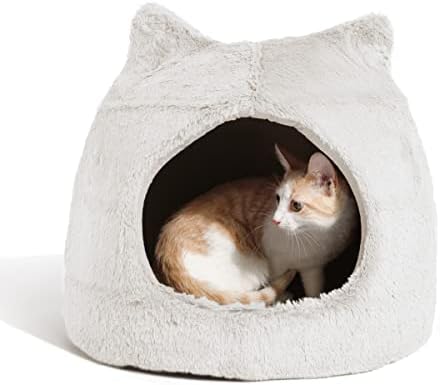 Best Friends by Sheri Meow Hut Fur Dome Pet Bed – Covered Cat Cave for Cats & Small Dogs up to 15 lbs, Faux Fur Hideaway with Water-Resistant Bottom, Machine Washable, Ivory
