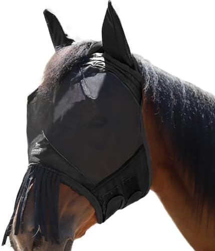 Harrison Howard CareMaster Horse Fly Mask with Ears and Nose Fringe Fly Protector Defender Mask Piano Black M Cob