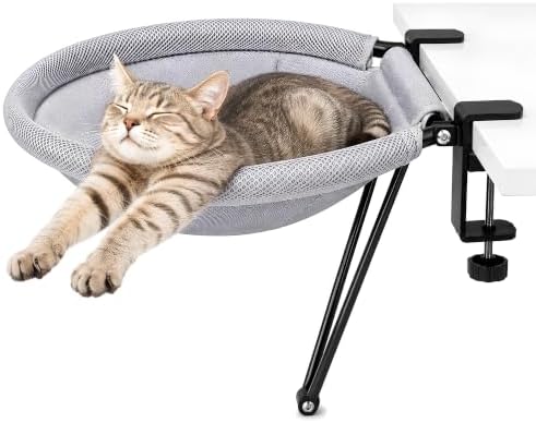 Desk Cat Bed Attachment with Sturdy Steel rame Holds Up to 40 lbs, Foldable 90° Space-Saving Design, Washable Covers for Summer & Winter, Rubber Grip & Easy No-Drill Setup