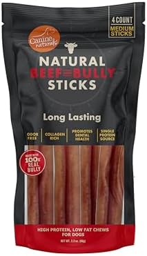 Canine Naturals Beef and Bully Sticks for Dogs, Odor Free, Medium 4 Count
