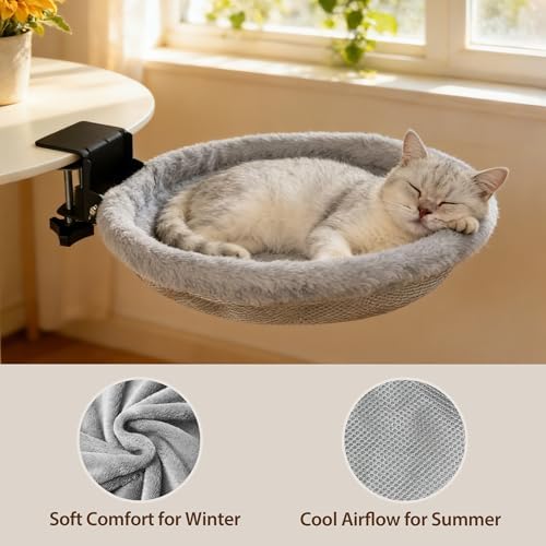Cat Desk Bed, Foldable Desk Mounted Cat Bed for Large Cats, Heavy Duty Support Up to 50lbs, Desk Cat Perch with Extra Wide Clamp & Double Anti-Slip Pads, Attachment for Home Office