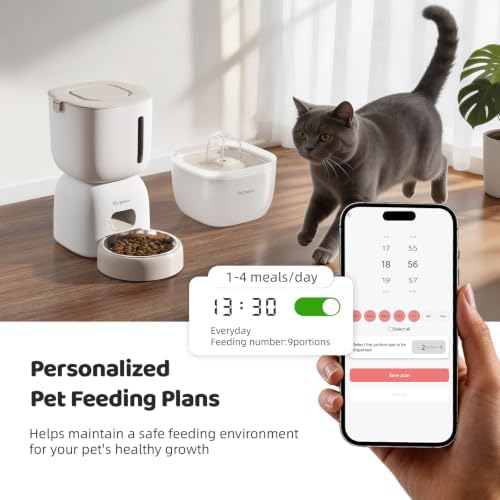 SARPAWS WiFi Automatic Cat Feeder and Water Fountain Set, App Control Smart Pet Food Dispenser with 304 Stainless Steel Bowl, 3L Feeder & 2L Quiet Waterer, 10s Voice Recorder, Dual Power, Secure Lock