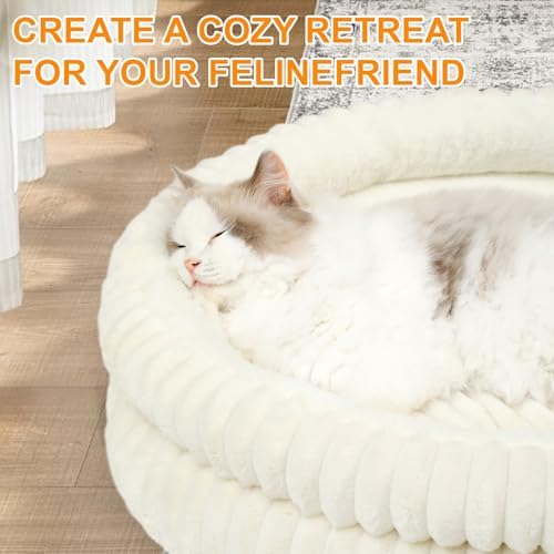 Cat Beds for Indoor Cats,Washable Round Donut Dog Bed(White, S)