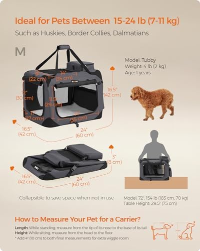 Feandrea Collapsible Soft Dog Crate, Portable Travel Carrier, 24 Inches