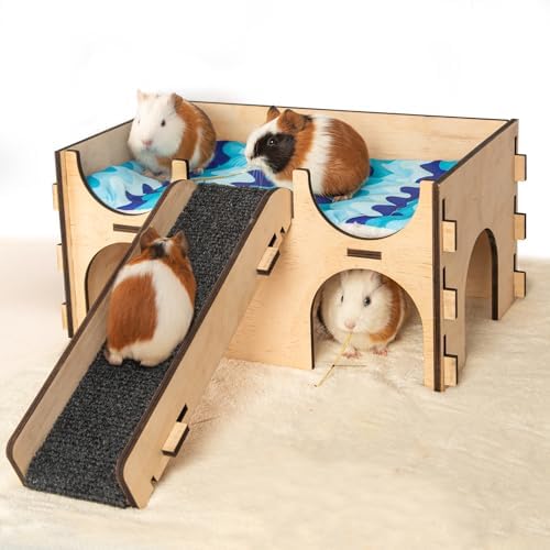 SoulThink® Upgraded Large Guinea Pig Toys Hideout - Easy to Assemble Wooden Guinea Pigs Castle with Ramp and Sky Blue Bed Cushion Decorative Guinea Pig Furniture for Play Area and Cage