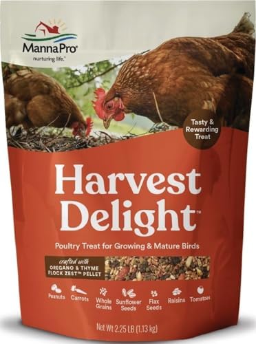 Manna Pro Harvest Delight Poultry Treat, Whole Grain & Seed Mix with Fruits & Vegetables, 14% Protein Snack for Chickens, Ducks & Mixed Flocks, 2.25 lb