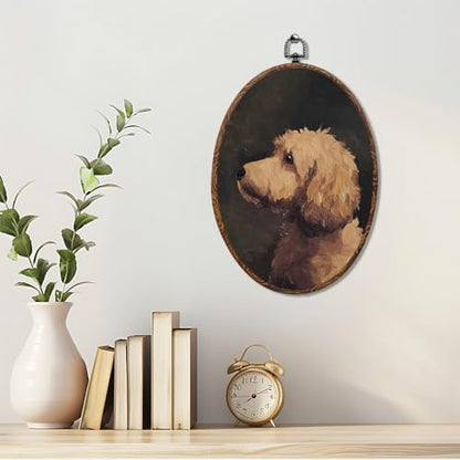 Vintage Dog Oval Framed Wall Art, Dog Lover Gifts Canvas Art Wall Decor，Cute Cottage Hanging Decor Painting Artwork for Home Bedroom Bathroom Pet Shop Living Room Office Decorations 8.3x12inch