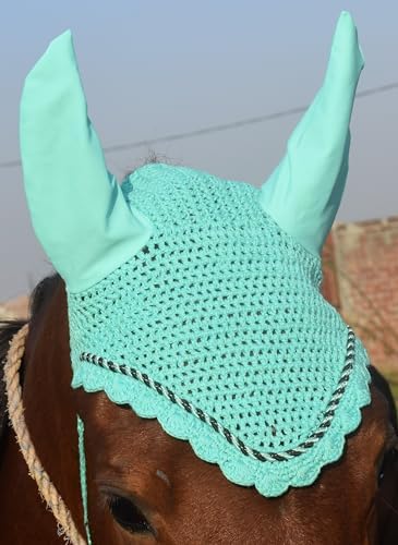 Elegant Horse Ear Bonnet, Fly Veil & Fly Mask – Superior Fly Protection with Style and Comfort for Every Ride (Mint Green, Horse/Full)