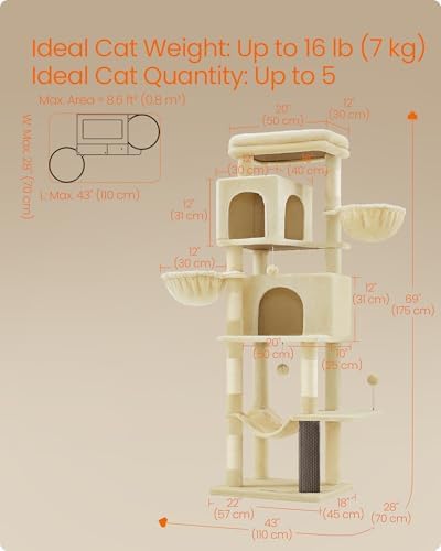 Feandrea Cat Tree, 69-in Large Cat Tower, Multi-Level Condo, Sand Beige