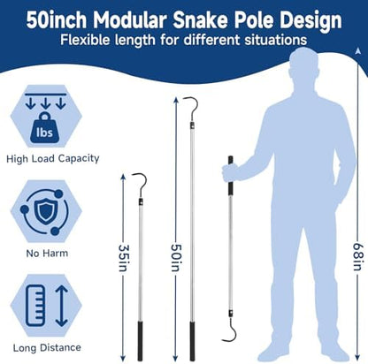 Snake Hook, 50" Reptile Snake Hook Heavy Duty Long for Ball Python Rattlesnakes Rattle Copperhead Removal with Sponge Grip and Stainless Steel Rubber Tip Hook(50inch)
