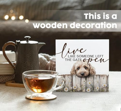 Goldendoodle Wooden Box Sign, Rustic Farmhouse Live Like Someone Left the Gate Open Signs for Home Decor,Farm Dog Office Kitchen Bedroom Decor,Goldendoodle Gifts for Kids Women Men,8x8
