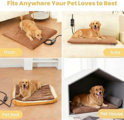 Upgraded Pet Heating Pad, 5 Adjustable Temperature & Timer, Chew-Resistant Electric Heated Dog Cat Bed, Auto Power-Off, Waterproof, 31.5" x 23.4"
