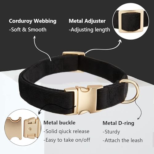 Soft Corduroy Fibric Dog Collar with High Grade Metal Buckle, for Large Dogs(Black,Large:17-26")