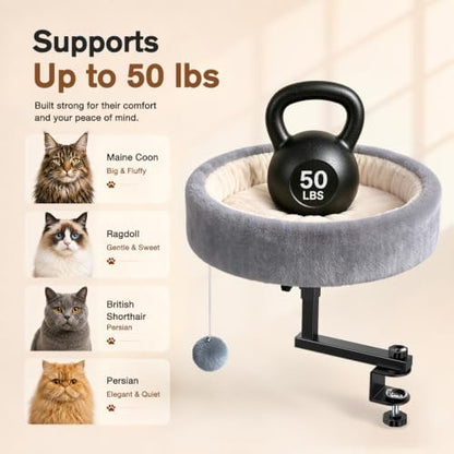 Chumajor Cat Desk Bed, 360° Rotating & Adjustable Cat Bed, 50 lbs, Grey