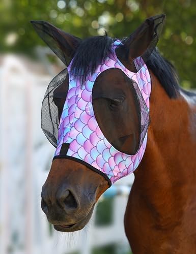 Harrison Howard Stretch Fly Mask with Forelock Opening and Patterns Comfortable Breathable Snug Fitting Horse Fly Mask Fish Scale L