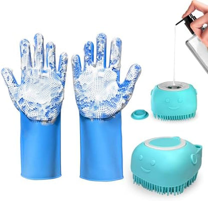 2PCS Dog Washing Gloves and Dog Shampoo Brush, Dog Bath Supplies Dog and Cat Bath Set