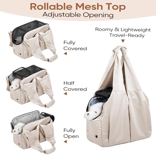 Dog Purse Carrier for Small Dogs, Cats, and Puppies – Soft-Sided Travel Pet Tote Bag with 4 Large Pockets, Foldable, Lightweight, Fits Pets up to 15 lbs, for Travel, Outings (Beige)