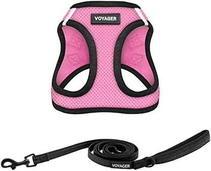 Best Pet Supplies Voyager Step-in Air All Weather Mesh Harness and Reflective Dog 5ft Leash Combo with Neoprene Handle, for Small, Medium and Large Breed Puppies - Pink/Black Trim, XX-Small