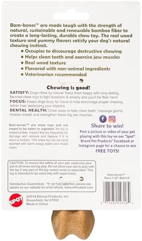 SPOT Bam-Bones Bone - Made with Strong Bamboo Fiber, Durable Long Lasting Dog Chew for Light to Moderate Chewers, Great Toy for Adult Dogs & Teething Puppies under 40lbs, 7.25in, Chicken Flavor