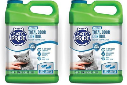 Cat's Pride Max Power: Total Odor Control - Up to 10 Days of Powerful Odor Control - Strong Clumping - Hypoallergenic - 99% Dust Free - Multi-Cat Litter, Unscented, 15 Pounds (Pack of 2)