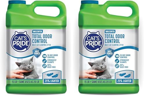 Cat's Pride Max Power: Total Odor Control - Up to 10 Days of Powerful Odor Control - Strong Clumping - Hypoallergenic - 99% Dust Free - Multi-Cat Litter, Unscented, 15 Pounds (Pack of 2)