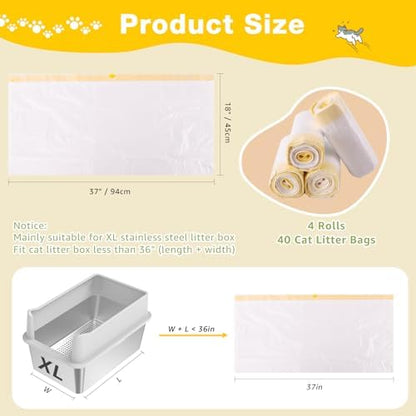 Litter Box Liners 40 Count, 37" x 18" Jumbo 3MIL Thicken Cat Litter Bags Tear Resistant Disposable Cat Litter Liners for XL Stainless Steel Litter Box and Other Suitable Size Litter Box
