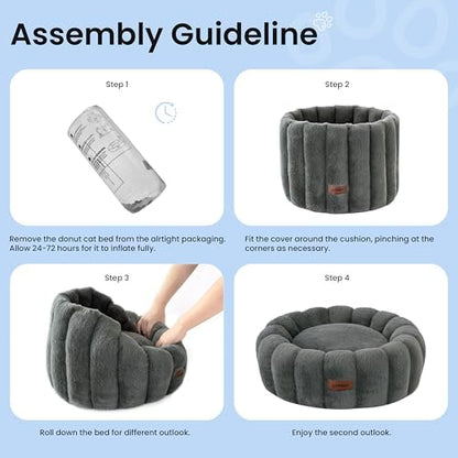 ZOMISIA Cute Cat Beds for Indoor Cats, Striped Small Donut Dog Bed for Puppy and Kitten, Anti-Slip Bottom, Grey