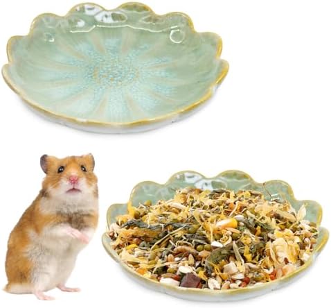 BNOSDM Shallow Ceramic Hamster Food Dish 2 Pcs Small Animals Food Bowl Sunflower Feeding Dishes for Gerbils Mice Rats 4.5in (Green)