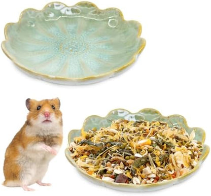 BNOSDM Shallow Ceramic Hamster Food Dish 2 Pcs Small Animals Food Bowl Sunflower Feeding Dishes for Gerbils Mice Rats 4.5in (Green)
