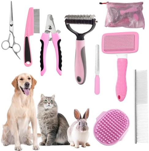 Dog Brush for Shedding,9 PCS in One Pet Slicker Hair Brush Kit with Pet Nail Clipper and File - Dog Cat Grooming Deshedding Undercoat Rake Brush Comb for All Small Large Dogs Cats Pink