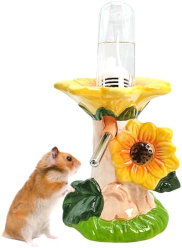 BNOSDM Hamster Water Bottle No Drip Ceramic Hamster Water Bottle for Glass Tank - 80ML Water Dispenser with Yellow Sunflower Stand Holder for Syrian Hamsters Dwarf Hamsters Mice Gerbils