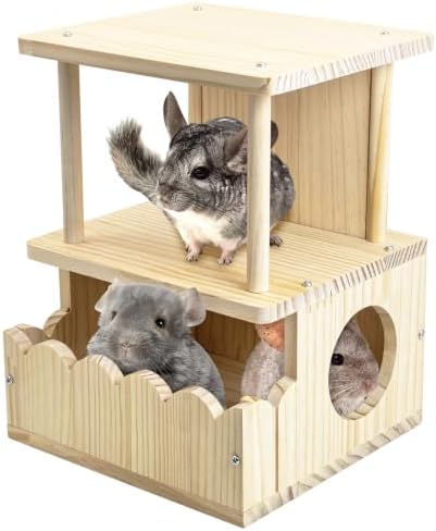 Fhiny Wooden Chinchilla Hideout, 2-Layer Guinea Pig House Nature Wood Small Animal Hut Chinchilla Cage Accessories for Hamster Squirrel Sugar Gliders