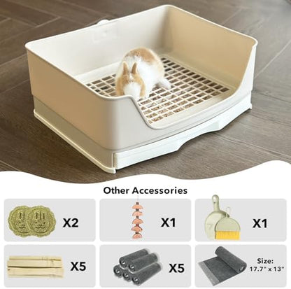 RUBYHOME Oversize Rabbit Litter Box with Drawer, Corner Toilet Box with Grate Potty Trainer, Bigger Pet Pan for Adult Guinea Pigs, Chinchilla, Ferret, Galesaur, Small Animals, 16.9 inch Long (White)