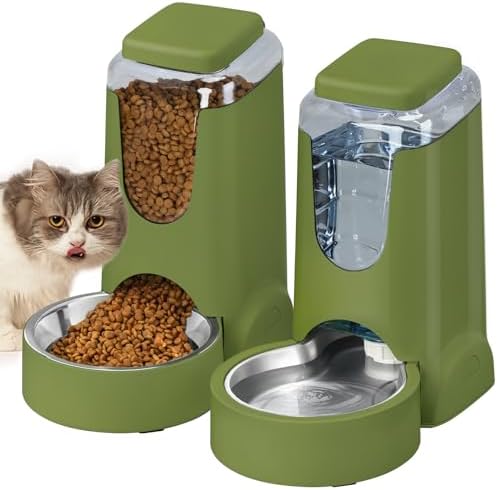 HWONMTE Portable Automatic Cat Feeder and Water Dispenser with Stainless Steel Bowl Dog Gravity Food Feeder and Waterer for Small Medium Pets Puppy Kitten 1 Gallon x 2 (Olive Green)