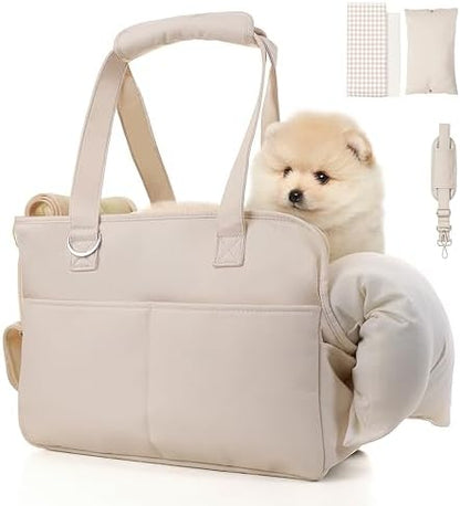 JourCraf Dog Purse Carrier for Small Dogs & Puppies Up 12 Lbs, Soft Cotton Tote Pet Shoulder Bag with Pockets, Foldable & Washable Breathable Puppy Carrier for Yorkie, Chihuahua & Cats - Beige