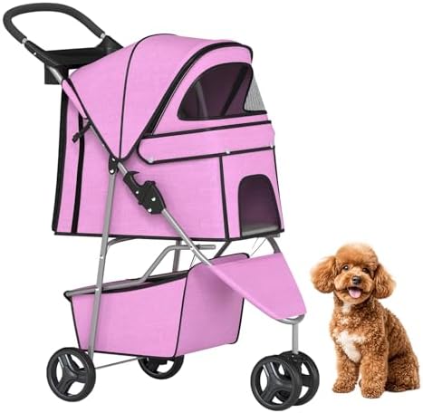BestPet | 3-Wheel Pet Stroller | Pink | Foldable Dog and Cat Stroller