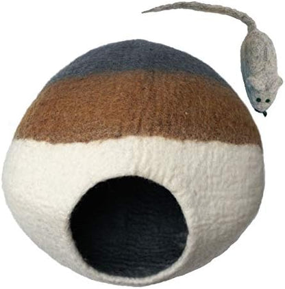 100% Wool Felt Cat Cave Bed Handmade in Nepal with Free Mouse Toy Included (Gray/Tan/Cream)