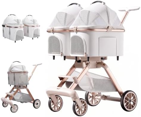 Double Pet Stroller with Detachable Carriers,Ideal for 2 Dogs or Cats,Double Dog Stroller with Small/Medium Pets,Beige