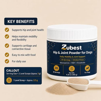 Zubest Hip & Joint Supplement for Dogs, Glucosamine Chondroitin MSM Powder