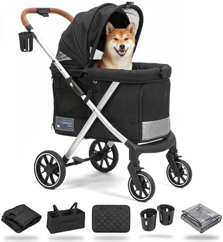 JWX Dog Stroller for Medium Dogs, 77 lb Capacity, One-Hand Fold, Black