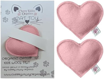 Catnip Toy – Heart Shape, Organic Catnip, 100% Wool Felt, Grown & Made in The USA - Pink, 2 Pack