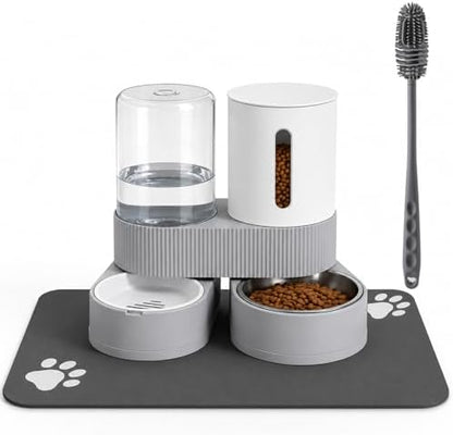 Gravity Cat Feeder 2 Pack Automatic Food Feeder and Water Dispenser Set Detachable Pet Bowl with Silicone Mat and Brush for Cats Small Medium Dogs, Large Capacity(Grey)