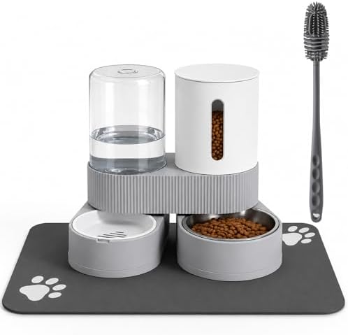 Gravity Cat Feeder 2 Pack Automatic Food Feeder and Water Dispenser Set Detachable Pet Bowl with Silicone Mat and Brush for Cats Small Medium Dogs, Large Capacity(Grey)