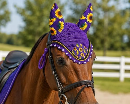Horse Ear Bonnet for Horses, Sunflower Print Fly Bonnet with Crystal Edge, Handmade Crochet Fly Veil, Breathable Stretch Ears (Purple- Sunflower, Pony)