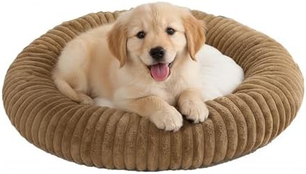 Short Plush Dog Bed Donut, Ultra-Soft & Machine Washable Dog Beds, Durable Round Calming Pet Bed for Cats and Small, Medium, Large Dogs (Coffee Brown, Small)