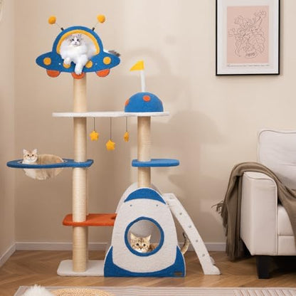 PETSITE 64.5 Inch Space-Themed Cat Tree, Multi-Level Cat Tower with Sisal Scratching Posts, UFO-Shaped Top Perch, Climbing Ladder, Hanging Star-Shaped Jingling Toys, Cute Cat Tree for Indoor Cats