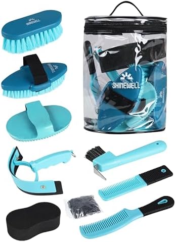 Shinewell Horse Grooming Kit, Complete Horse Brush Set, Equine Grooming Tools for Shedding & Daily Care Blue
