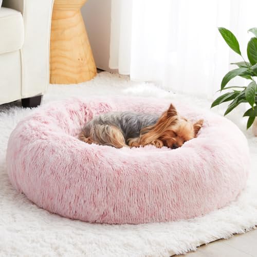 WNPETHOME Medium Pink Round Calming Dog Bed Cat Bed for Comfy Sleep