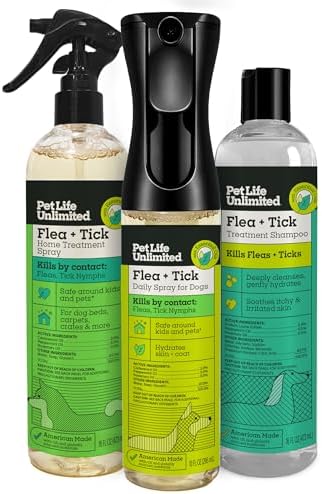 Pet Life Unlimited Natural Flea & Tick 3-Step Kit for Dogs, Plant-Based Prevention and Treatment, Includes Dog Spray, Home Spray & Shampoo, Kill & Repel Fleas, Ticks & Eggs, Soothes Skin
