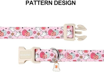 Lionet Paws Halloween Dog Collar- Cute Ghost Pumpkin Pink Dog Collars with Plastic Buckle and Ghost Pendant, Light Adjustable Dog Collars for Small Medium Dogs